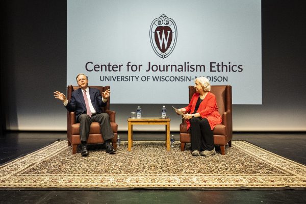 NBC News’ Pete Williams talks with Kathleen Culver, director of the Center for Journalism Ethics at the University of Wisconsin-Madison, during a public event hosted at the Play Circle Theater at the Memorial Union on Dec. 7, 2022. The event was open to the public and centered around questions about journalism ethics and Williams’ experience covering the U.S. Supreme Court. (Photo by Bryce Richter / UW–Madison)